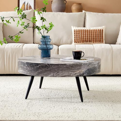 Round Coffee Table, Small Wood Marble Coffee Table with Metal Legs, Modern Mid Century Circle Tables Accent Center Tables for Living Room Apartment Small Space (31.5''D-Marble Grey) - color: Marble Grey