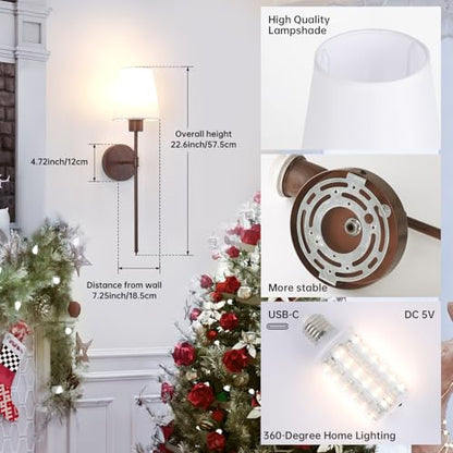 Shenmoyl Battery Operated Wall Sconces Set of 2, Iron Frame with Walnut Tone Paint, 6000 mAh Rechargeable Bulb Dimmable Wall Lamp for Living Room Bedroom - color: Walnut Finish