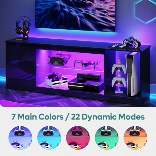 Bestier 57" Gloss Black Media Console - Gaming TV Stand for 65 Inch TV, Entertainment Center for PS5/Xbox Series X, Modern Home Theater Design, Adjustable Glass Shelves - color: Glossy Black