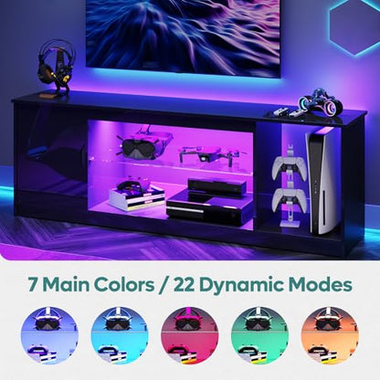 Bestier 57" Gloss Black Media Console - Gaming TV Stand for 65 Inch TV, Entertainment Center for PS5/Xbox Series X, Modern Home Theater Design, Adjustable Glass Shelves - color: Glossy Black