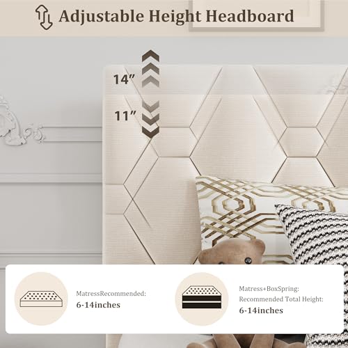 GAOMON Beige Twin Upholstered Bed Frame, Heavy-Duty Platform Bed Frame with Upholstered Headboard & Strong Wood Slats, No Box Spring Needed/Noise Free/Easy Assembly | Heavy-Duty Bed Frame with Wooden Slats Support Upholstered Mattress Foundation No Box Sp