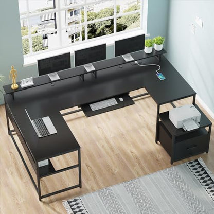 SEDETA 101.5''Reversible L Shaped Desk with Drawer for Home,Black | U Shaped Desk Office with Power Outlet,Computer with Monitor Shelf,Two Person Desk with Keyboard Tray