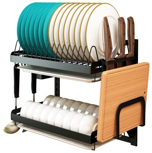 Wall Mounted Stainless Steel Dish Drying Rack Fruit Vegetable Storage Basket with Drainboard and Hanging Chopsticks Cage Knife Holder Kitchen Supplies Shelf Utensils Organizer (2-Tier) - color: 2-tier Dish Rack