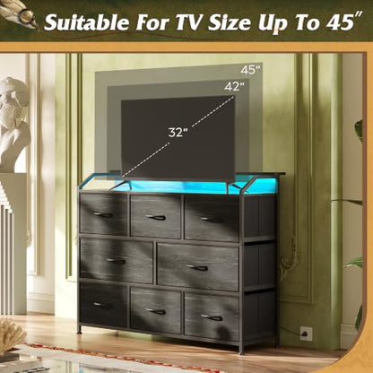 WLIVE Dresser for Bedroom, 8 Drawer LED Dresser, Black Wood Grain | 8 roomy fabric drawers, LED ambient lighting, Built-in power outlet, Bedroom or living room, Chest of drawers - color: Charcoal Black Wood Grain Print, style: 8 Drawers with LED