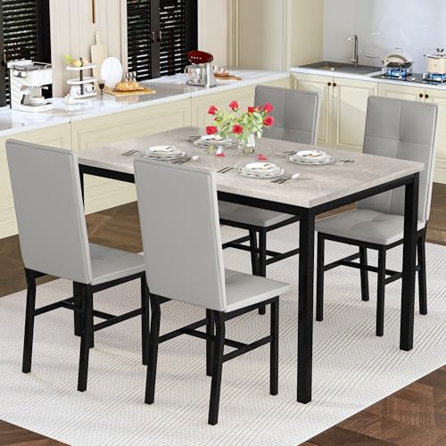 Hooseng Dining Table Set for 4, Faux Marble Small Kitchen Table with 4 PU Leather Chairs, Modern 5 Piece Dinner Table Set for Dining Room, Breakfast Nook, Samll Space, Grey - color: Grey