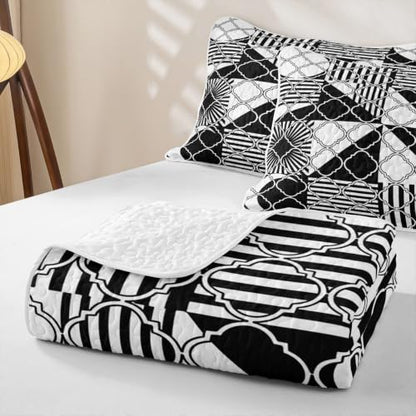 Geometric Stripe Quilted Bedspread King Size,Y2K Retro Line Boho Simple Quilt Bedding Set 3 Pieces,Square Plaid Checkered Classic Bed Covers for All Season,Black White Quilted Coverlet,2 Pillowcases - color: Black White, size: King