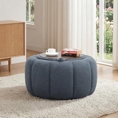 Tbfit Round Storage Ottoman - No Assembly Required, Storage & Sturdy Structure Multi-Functional Seat/Footrest for Living Room, Bedroom & Kids Room Soft Fabric for Family Home Use - color: Blue-chenille