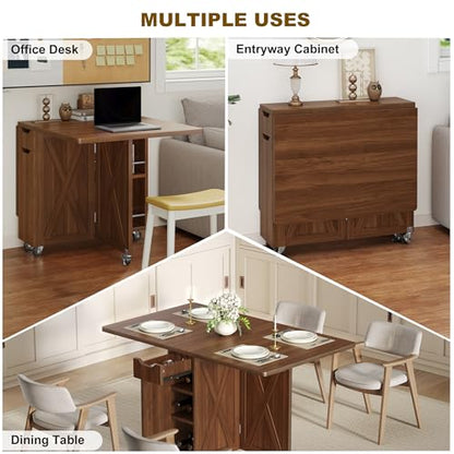 Folding Dining Table for 2-6, Designed for Small Spaces, Walnut | 52.7" Folding Dining Table with 6 Wheels, Drop Leaf Table with Drawers, Shelves and Wine Rack for Small Spaces - color: Walnut