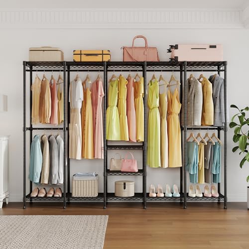 Higeego H5 Heavy Duty Clothes Rack, Black Clothing Rack for Hanging Clothes | 93.3"Wx15.7"Dx75.4"H, Large Garment Rack, Freestanding, Wardrobe Closet with Adjustable Shelf, Load 1400 lbs - color: Black