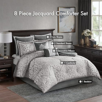 Madison Park Odette Cozy Comforter Set Jacquard Damask Medallion Design - Modern All Season, Down Alternative Bedding, Shams, Decorative Pillows, Queen(90 in x 90 in), Silver 8 Piece | All Season Down Alternative Bedding with Comforter, Shams, Bed Skirt,