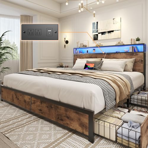 Lifezone Queen Bed Frame with 2-Tier Storage Headboard, Metal Platform Bed Frame with 4 Storage Drawers, Built in Charging Station & LED, Noise-Free/Metal Support/No Box Spring Needed, Rustic Brown - color: Rustic Brown, size: Queen