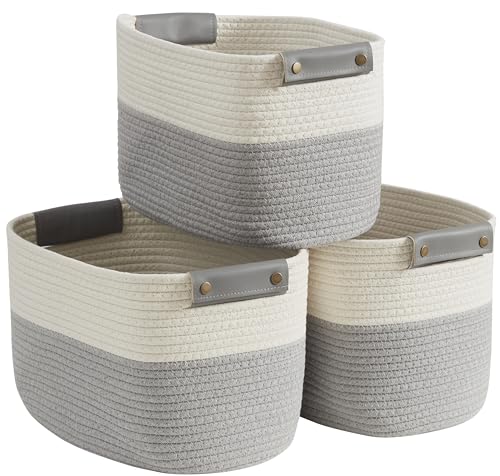 3 Pack Woven Cotton Rope Storage Basket, 15x10x9, White/Gray | Faux Leather Handles; Decorative Closet Shelf Organizer; Ideal for Storage & Organization - color: White/Gray