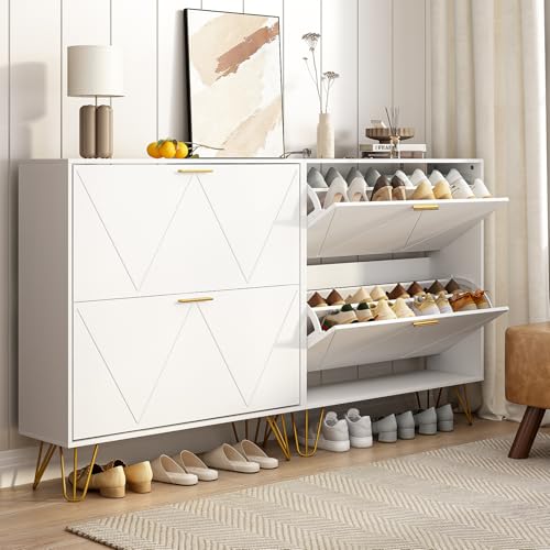 Tradare White Shoe Cabinet Storage for Entryway, Set of 2, Narrow Shoe Cabinet with 2 Flip Drawers,Freestanding Organizer with Fluted Panel for Living Room, Bedroom, Hallway, Closet - color: White, size: 2 PC