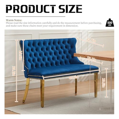 Blue Velvet Dining Bench with Back, Tufted Banquette Seating, Gold Legs | Upholstered loveseat bench; tufted back; nailhead trim; 500 lb capacity; foam and spring seat; dining room or entryway - color: Blue(gold Stainless Steel Legs)
