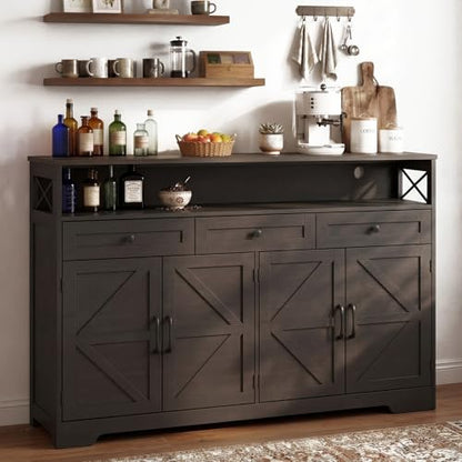 Lahomie 55" Sideboard Buffet Storage Cabinet, Coffee Bar Cabinet,Dark Brown | Coffee Bar Station with Power Outlet, Farmhouse Sideboard with 3 Drawers Adjustable Shelves Open Shelf, Kitchen, Living Room - color: Dark Brown, size: 55"W
