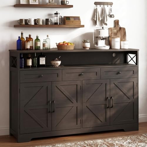Lahomie 55" Sideboard Buffet Storage Cabinet, Coffee Bar Cabinet,Dark Brown | Coffee Bar Station with Power Outlet, Farmhouse Sideboard with 3 Drawers Adjustable Shelves Open Shelf, Kitchen, Living Room - color: Dark Brown, size: 55"W