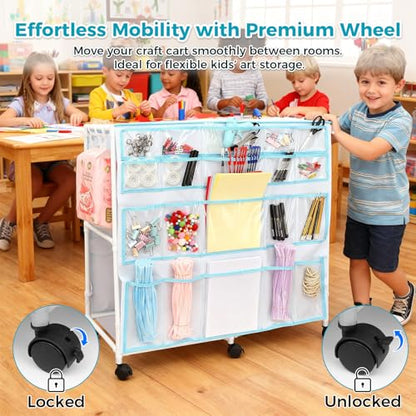 Craft Cart with Wheels - 40 Storage Pockets - Portable Organizer for Arts & Craft Supplies - Spacious, Easy to Move - Perfect Art Cart Organizer for Kids, Creative Projects, Home Education