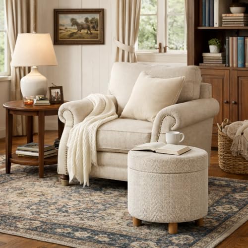 HomePop 19" Round Storage Ottoman - Cream Chevron Woven - color: Cream Chevron Woven