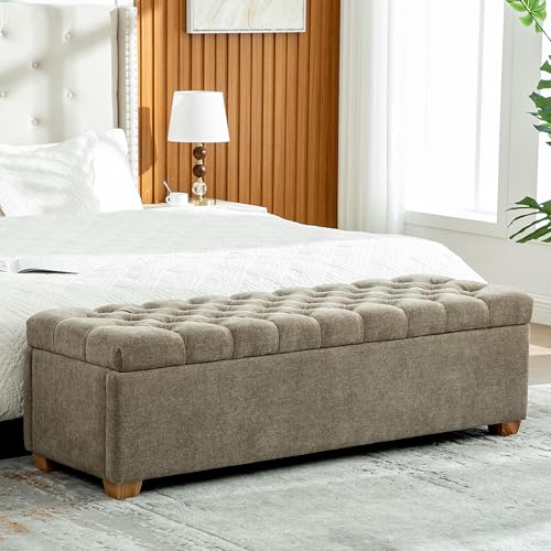 60.2" Storage Ottoman Bench for Bedroom Bed End,Chenille Bench with Seating,Button Tufted Ottomans with Storage for Living Room,Bedside,Entryway (Chenille Taupe, 60.2") - color: Chenille Taupe, size: 60.2"