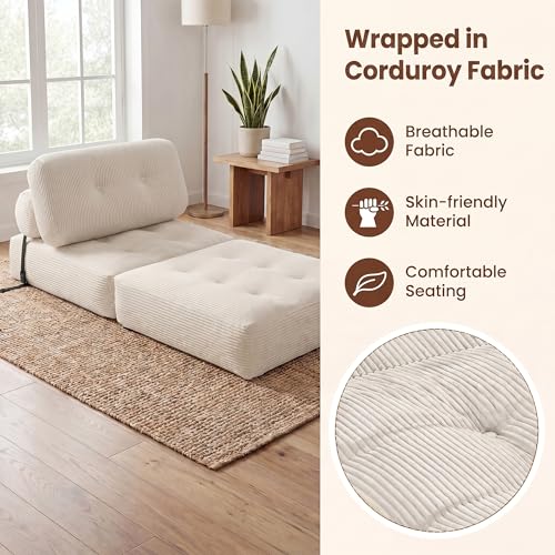 COSTWAY Folding Sofa Bed with Pillow, Convertible Couch (Beige) | with Backrest & Fixing Straps, Boneless Convertible Sleeper Chair for Adults, Guest Use, Living Room - color: Beige