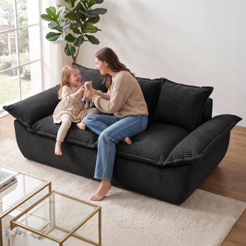 69" Boneless Couch, 3-Seater Oversized Boneless Loveseat Sofa with Removable Cushions & 3 Pillows, Deep Seat Compress Foam Sofa for Living Room, Apartments, & Office - color: Black, size: 3 Seater (69")