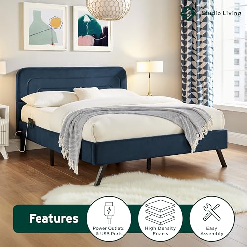 Studio Living® Adaline Upholstered Bed, Full Size, USB A + C Power, Storage Sleeve, Velvet Fabric, Navy - color: Navy, size: Full
