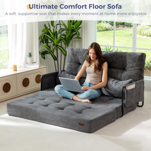 MAXYOYO Adjustable Folding Sofa Bed Couch with 2 Pillows, Dark Grey | Multi-Functional Bean Bag Bed, 5-Position Foldable Lazy Floor Sofa Bed with Armrest, Versatile Floor Seating for Reading - color: Dark Grey