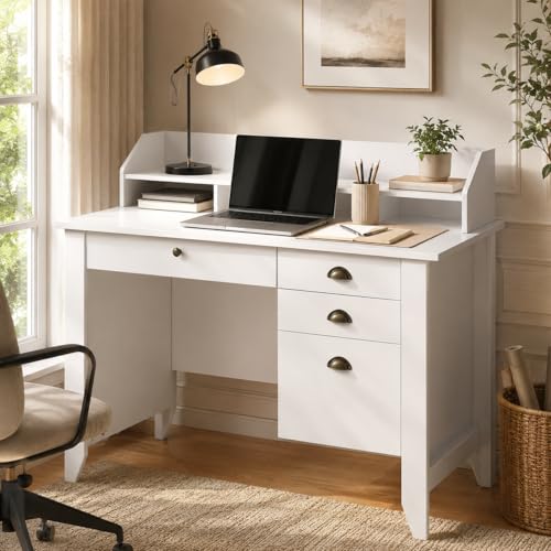 4 EVER WINNER White Desk with Drawers, 47'' Small Desk with File Drawer for Small Spaces, Wood Computer Desk with Monitor Stand for Home Office, Bedroom, White - color: White