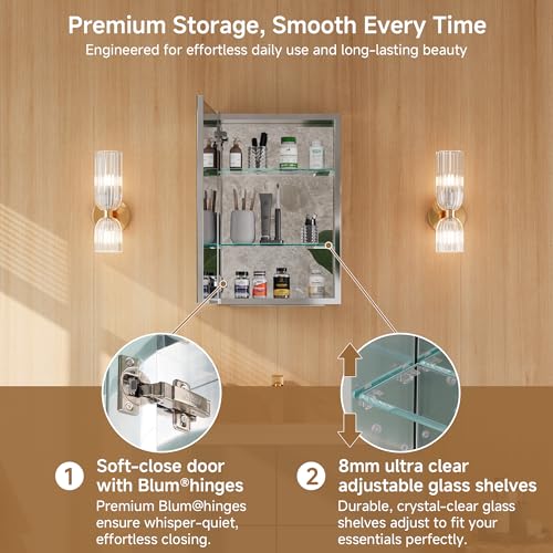 16" x 24" Bathroom Medicine Cabinet with Mirror, Recessed or Wall Mount | Medicine Cabinets with Adjustable Glass Shelves, Soft-Closed Hinge, Chrome Aluminum Frame, Reverse Installation - size: 16" x 24"