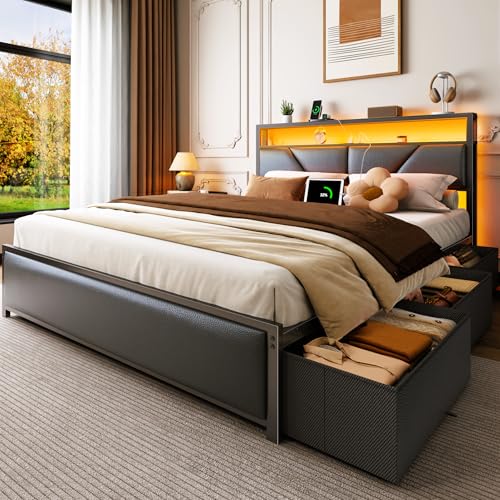 Queen Bed Frame with Storage Headboard, 6 Drawers, LED&Charging | 2-Tier PU Leather Upholstered Headboard, Charging Station&RGB Lights, No Box Spring Needed, easy assembly, Noise-Free,Black - color: Black, size: Queen