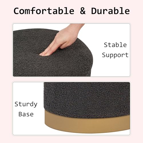 Round Storage Ottoman with Reversible Tray Top, 16.3" Boucle Ottoman Footrest Stool with Metal Base, Upholstered Vanity Stool with Storage for Living Room Bedroom, Dark Grey - color: Teddy-darkgrey