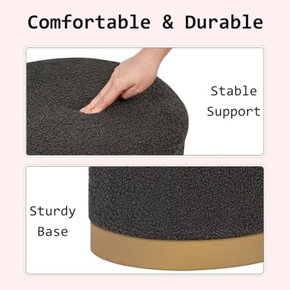 Round Storage Ottoman with Reversible Tray Top, 16.3" Boucle Ottoman Footrest Stool with Metal Base, Upholstered Vanity Stool with Storage for Living Room Bedroom, Dark Grey - color: Teddy-darkgrey