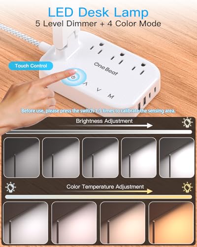 One Beat Small LED Desk Lamp Power Strip 5ft Extension Cord with 3 Outlets 4 USB Ports(2 USB C), 4 Modes, 5 Level Touch Lamp Study Reading Light, Home Office Bedroom College Dorm Room Essentials,White | One Beat 4 Modes 5 Level Brightness Touch Lamp, Smal