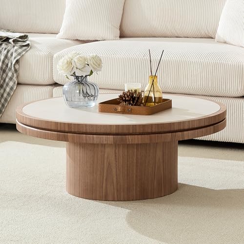 Round Nesting Coffee Table Set of 2 with Sintered Stone Tabletop & Sturdy Base, Modern Circle Center Tables Tea Table for Living Room, Easy Assembly - 35.43" & 19.49", Walnut - color: Nesting Coffee Table With Sintered Tabletop,walnut