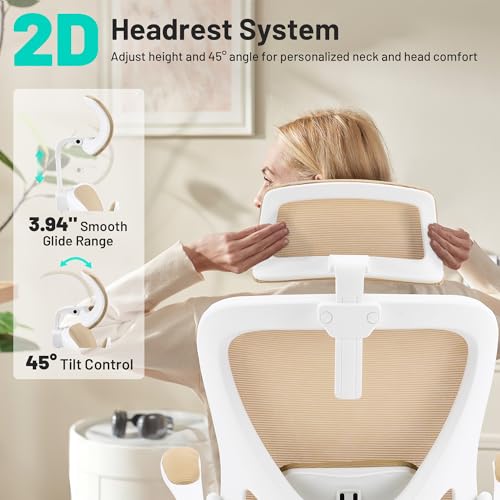 Office Chair - Ergonomic Desk Chair Breathable Mesh Chair with 2D Headrest & Adjustable Lumbar Support - Executive High Back Rolling Swivel Computer Gaming Chair with Wheels Flip-up Armrests - color: Khaki/White