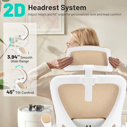 Office Chair - Ergonomic Desk Chair Breathable Mesh Chair with 2D Headrest & Adjustable Lumbar Support - Executive High Back Rolling Swivel Computer Gaming Chair with Wheels Flip-up Armrests - color: Khaki/White