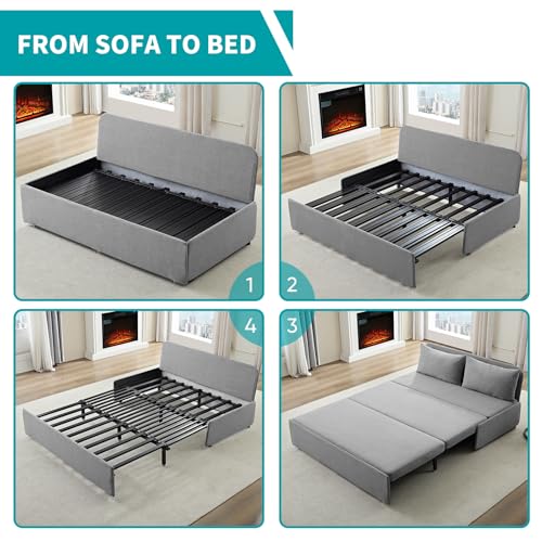 BALUS 64" W Queen Size Pull Out Sleeper Sofa Bed Pull Out Couch -Light Grey | 2 in 1 Convertible Bed, Linen Loveseat Sofa, with Pillow and Tri-fold Mattress,Loft Sofa for Small Space - color: Light Grey, size: Queen