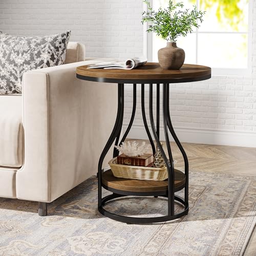 Tribesigns Round Side End Table 2-Tier End Tables Modern Bedside Table Small Chirside Tables with Storage for Couch Side, Nightstand with Metal Frame for Living Room (1, Brown+Black) - color: Brown+black