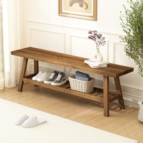 Reclaimed Solid Wood Bench-55 Entryway Bench with Storage Shelf | Farmhouse Narrow Rustic Bench, Hallway, Kitchen, Bedroom, Dining, Indoor - size: 55"