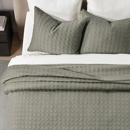 EVERGRACEHOME Cotton Sateen Windowpane Quilt Set Queen Size, Stone Sage | 100% Cotton, Pre-Washed Soft Coverlet Bedspread, 3-Piece Lightweight Bedding Set for All Season, with 2 Pillow Shams - color: Stone Sage (Grayish Green) - Windowpane, size: Full/Que