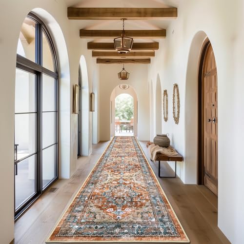 Bsmathom Runner Rug for Hallways Non Slip Washable Boho 2’6”x14 Hallway Low Pile Throw Rugs Vintage Carpet Runners for Entry Way, Kitchen, Laundry Room, Bathroom - color: Brown Red, size: 2'6" x 14' (Runner)