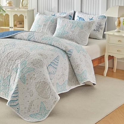 Coastal Quilt Sets King Size - Reversible Microfiber Ocean Style with Starfish Scallop Shell Soft Beach Bedding Nautical Bedspread Coverlet Summer Comforter with 2 Shams - color: Starfish, size: King-102*88in