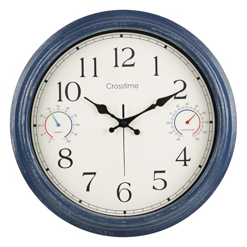 Crosstime 16 Inch Outdoor Clock Waterproof with Thermometer & Hygrometer, Coastal Nautical Decor for Patio, Pool, Garden, Backyard – Blue - color: 16" Blue