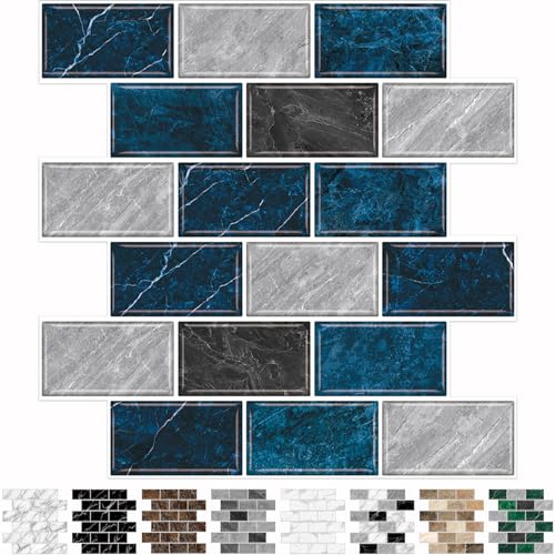 URCOLOR 10-Sheet Backsplash Tile for Kitchen Peel and Stick,12"x12" Self Adhesive Wall Tiles Stick on Back Splashes for Bathroom Blue Marble Look - color: Blue