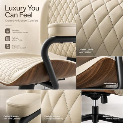 Home Office Desk Chair with Wheels, Armless Adjustable Height PU Leather Office Chair, Mid Back Ergonomic Computer Chair, Walnut Curved Seat Design No-Arm Chair (GX-9006-Armrests-White) - color: Gx-9006-armrests-white