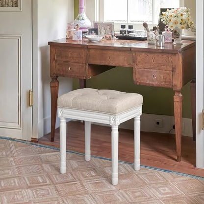 LUE BONA Upholstered Fabric Vanity Bench Seat, Makeup Stools for Vanity, Square Tufted Ottoman Bench with Carved White Legs for Bedroom Living Room, Linen Color - color: Linen and White