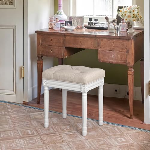 LUE BONA Upholstered Fabric Vanity Bench Seat, Makeup Stools for Vanity, Square Tufted Ottoman Bench with Carved White Legs for Bedroom Living Room, Linen Color - color: Linen and White
