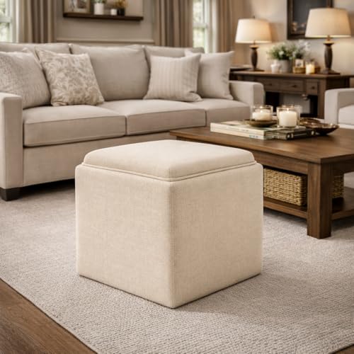 HomePop 17.5" Storage Ottoman with Tray Top - Cream Woven - color: Cream Woven