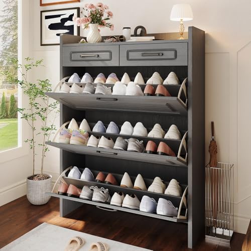 Lakifun Narrow Shoe Organizer Cabinet with 3 Large Flip Drawers & 2 Storage Drawers - Slim Shoe Storage for Entryway, Hallway, Bedroom, Apartment, Gray - color: Grey