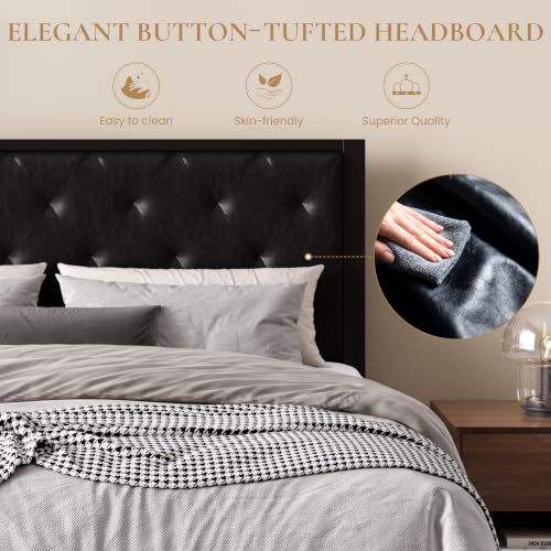 SHA CERLIN Queen Size Metal Bed Frame with PU Tufted Headboard, Black | Modern Design Heavy-Duty Platform Bed, No Box Spring Need, PU Leather Upholstery, Noise Free, Easy Assembly - color: Black, size: Queen